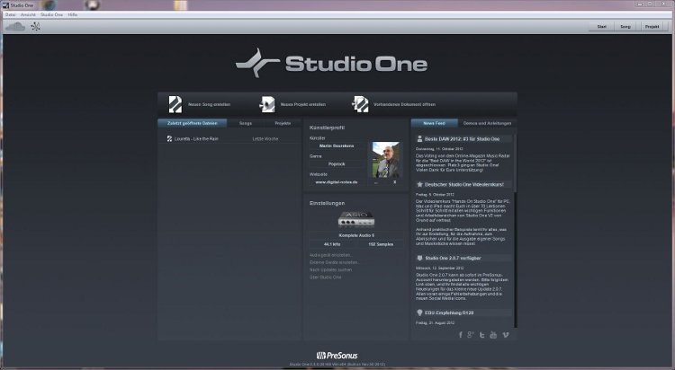 Studio One-Startbildschirm